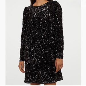 H&M Black Sequin Long-Sleeve Mini Dress
